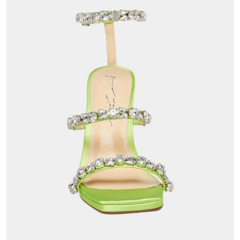 Betsey Johnson SB-Perry Citron Rhinestone Lime Green Buckle Strap Flare Heels - Picture 6 of 10